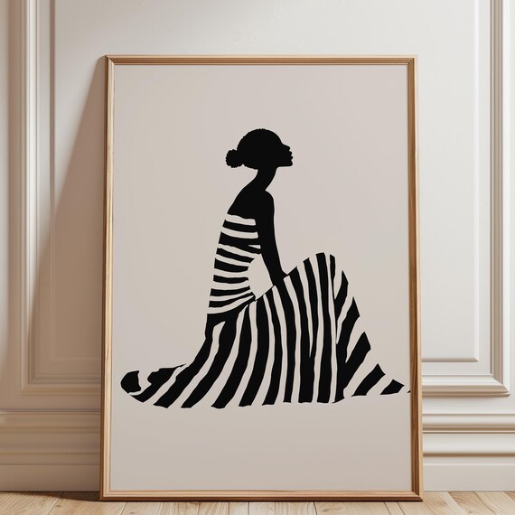 Seated Woman Striped Skirt Silhouette Minimal Modern Art Poster