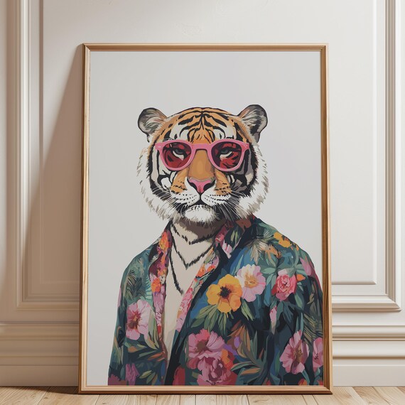 Playful Tiger In Pink Sunglasses Wearing Floral Shirt Animal Poster