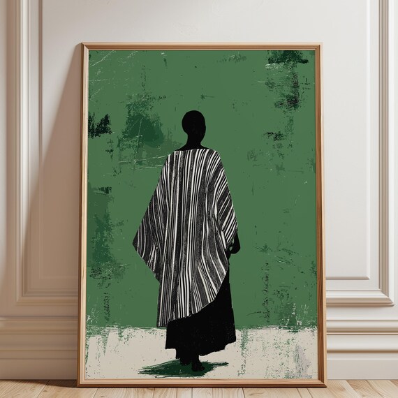 Woman In Striped Dress Seen From Behind Textured Green Poster