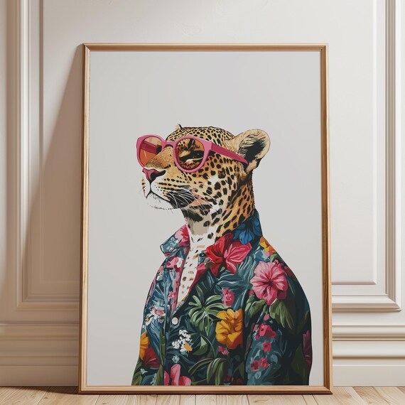 Chic Leopard In Pink Sunglasses Wearing Floral Shirt Animal Poster
