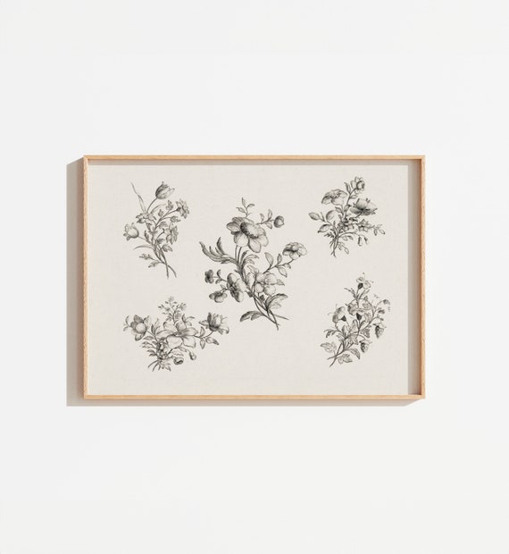 Vintage Cream French Botanical Print, Cottage Style Art