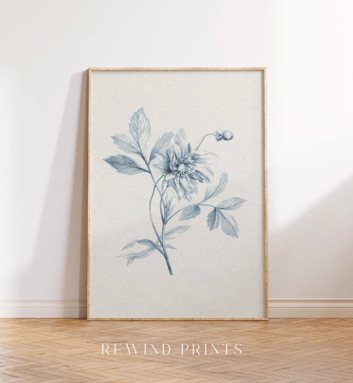 Vintage Cream Blue Botanical Engraving Dahlia Flower Wall Art - Image 5