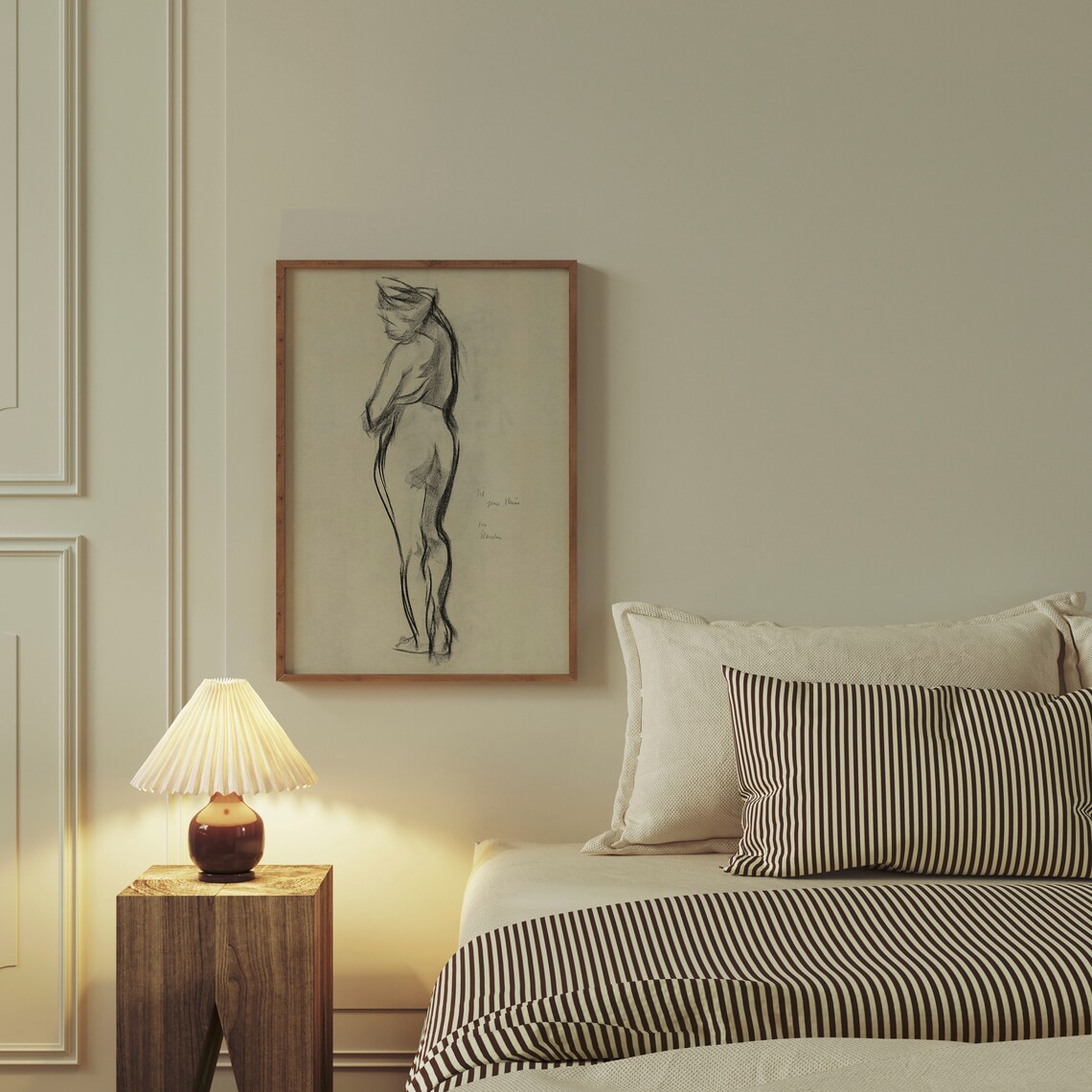 Vintage Nude Charcoal Standing Figure Sketch Minimalist Antique Wall Art - Image 3