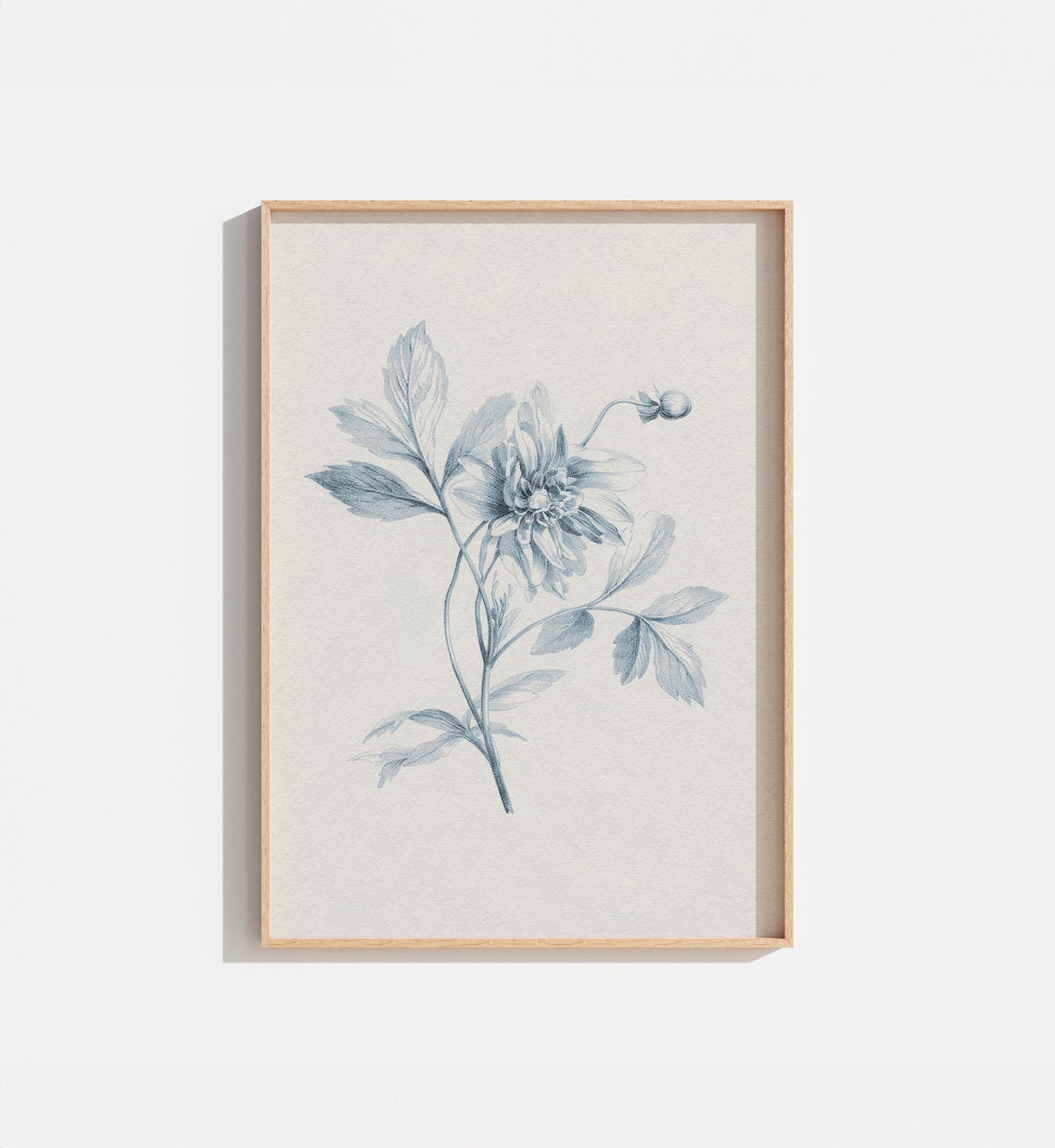 Vintage Cream Blue Botanical Engraving Dahlia Flower Wall Art