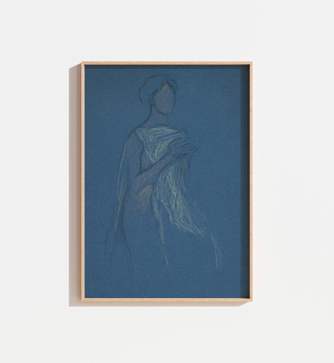 Antique Blue Drawing of Woman, Vintage Abstract Sketch