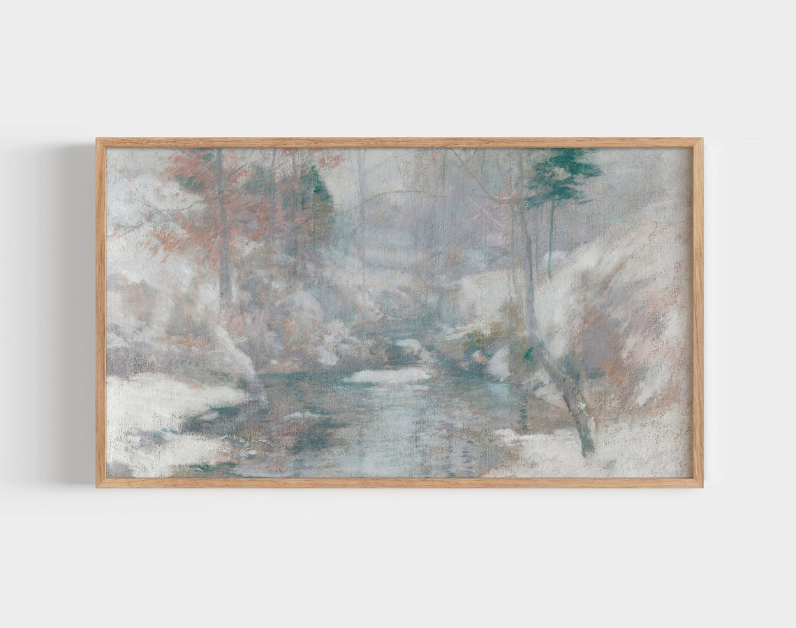 Soft Winter Forest Stream Snow Watercolor Misty Woodland Poster