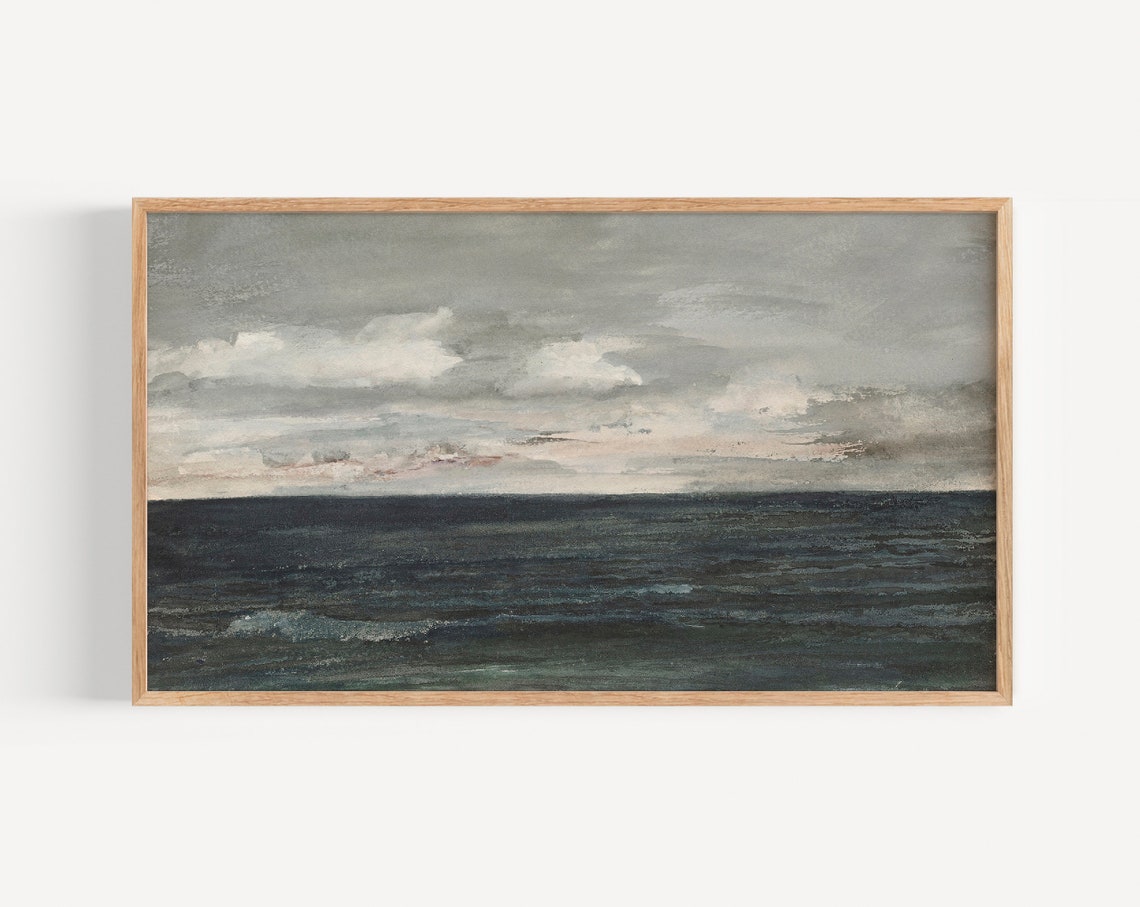 Frame Tv Art Vintage Muted Coastal Painting Dark Moody Blue Toned Vintage Painting Oil Painting Tv Art