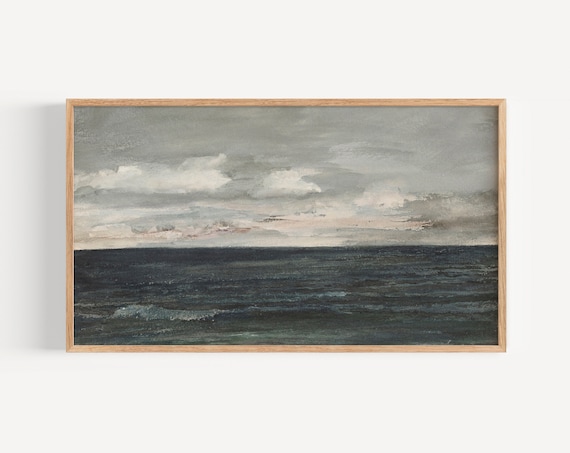 Frame Tv Art Vintage Muted Coastal Painting Dark Moody Blue Toned Vintage Painting Oil Painting Tv Art