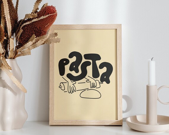 Pasta Hand Lettered Rolling Pin Kitchen Foodie Typography Print