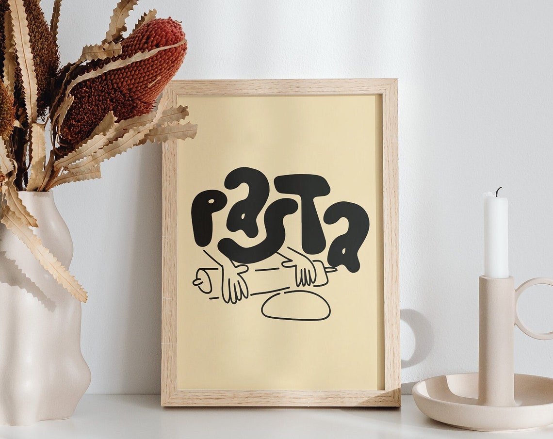 Pasta Hand Lettered Rolling Pin Kitchen Foodie Typography Print