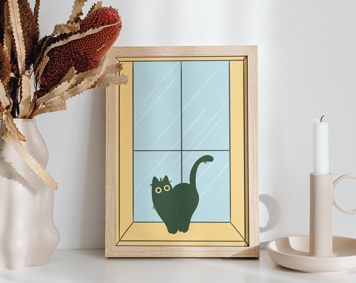 Adorable Black Cat Sitting at a Window Minimalist Art Poster