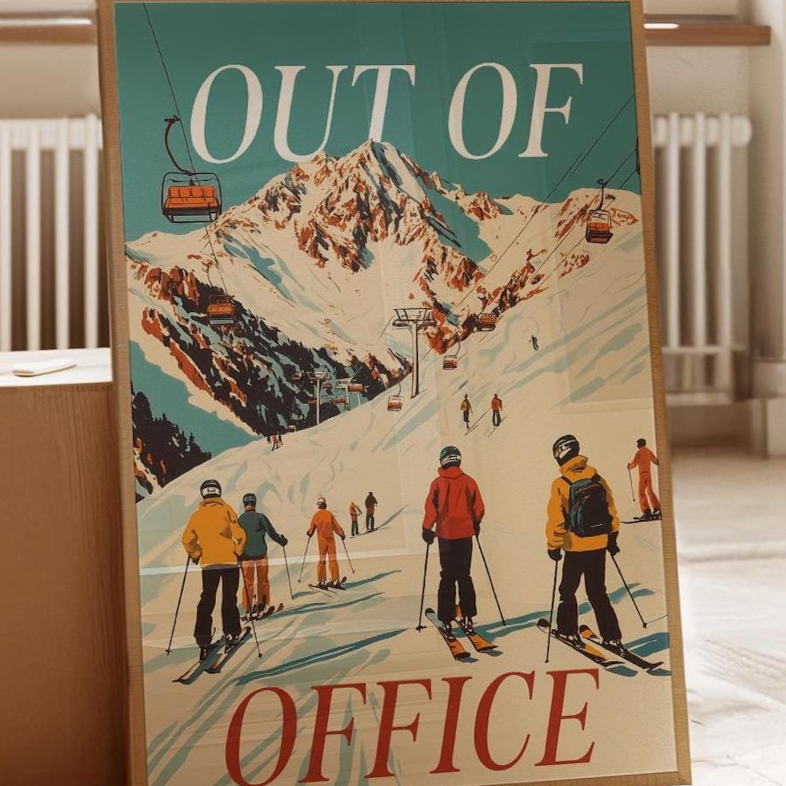 Out Of Office Retro Ski Resort Gondolas And Slopes Travel Scene Poster