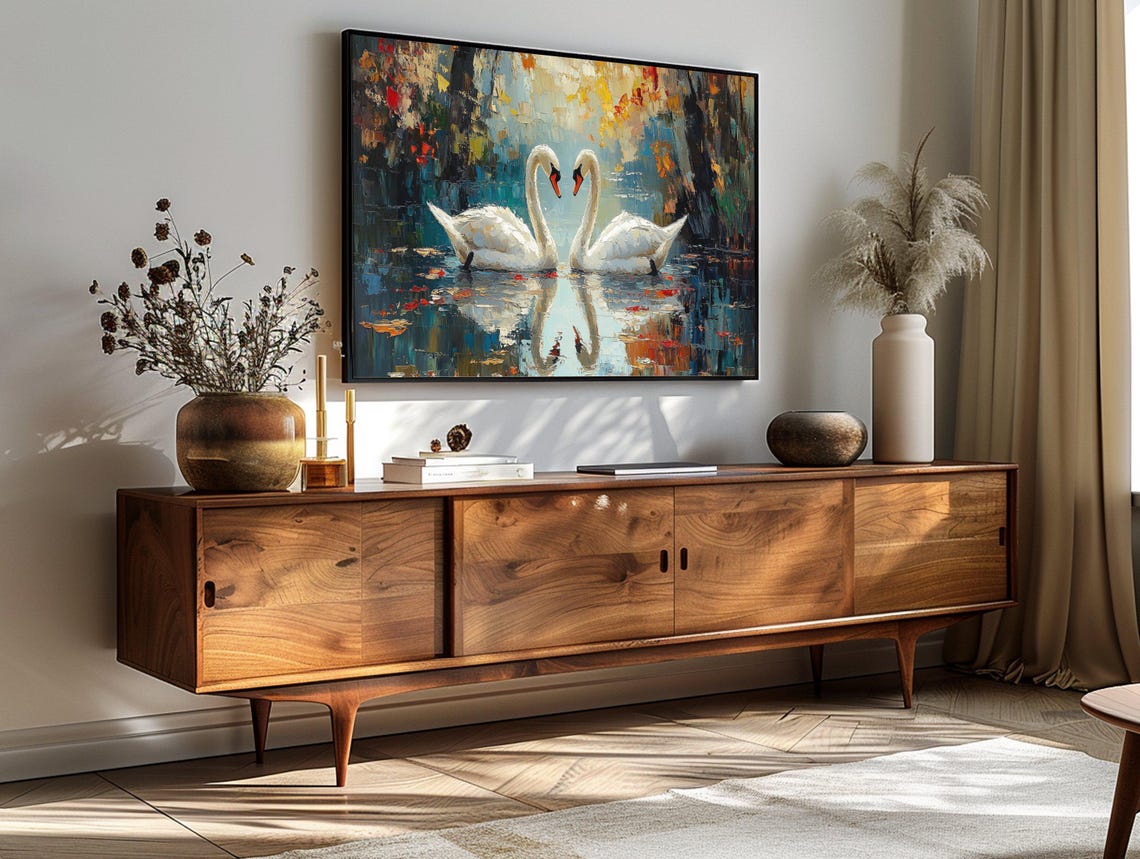 Two White Swans Heart Necks Impressionist Lake Romantic Art Poster - Image 3