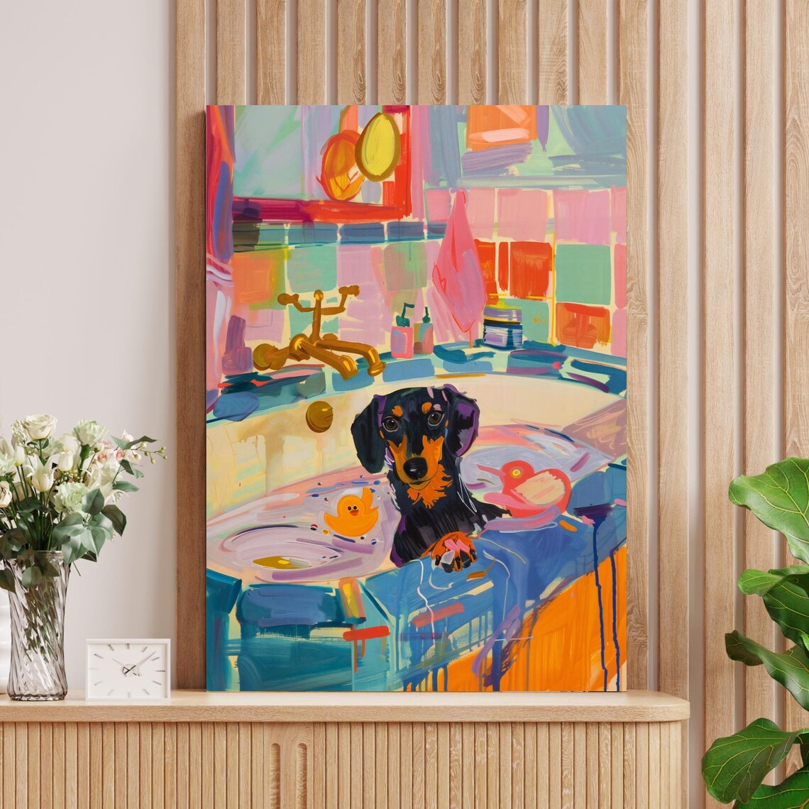 Dachshund Bathroom Art Print, Maximalist Decor