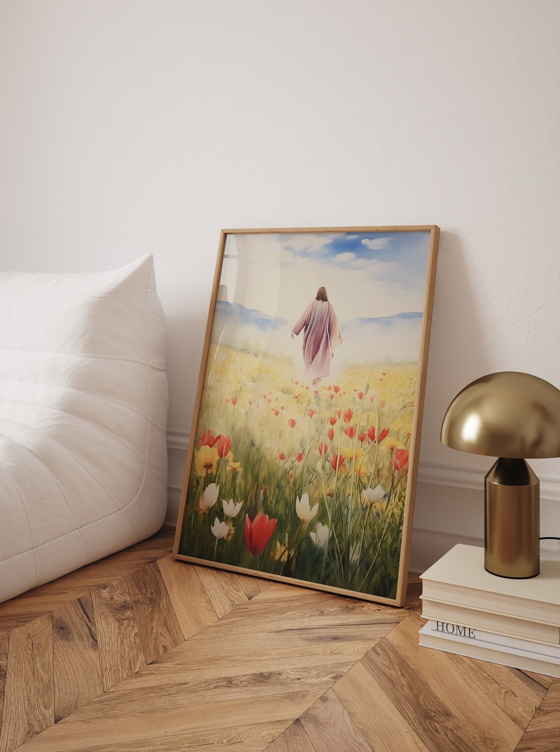 Jesus Walking Through a Field of Tulips Spring Watercolor Poster - Image 2