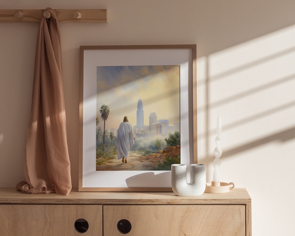 Jesus Walking to Los Angeles Skyline Palm Trees Faith Art Poster - Image 2