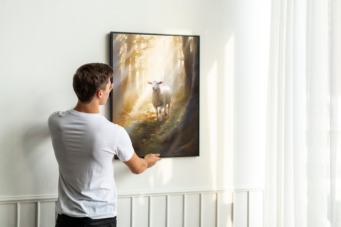 White Lamb in Sunlit Forest with Golden Light Rays Wildlife Poster - Image 2