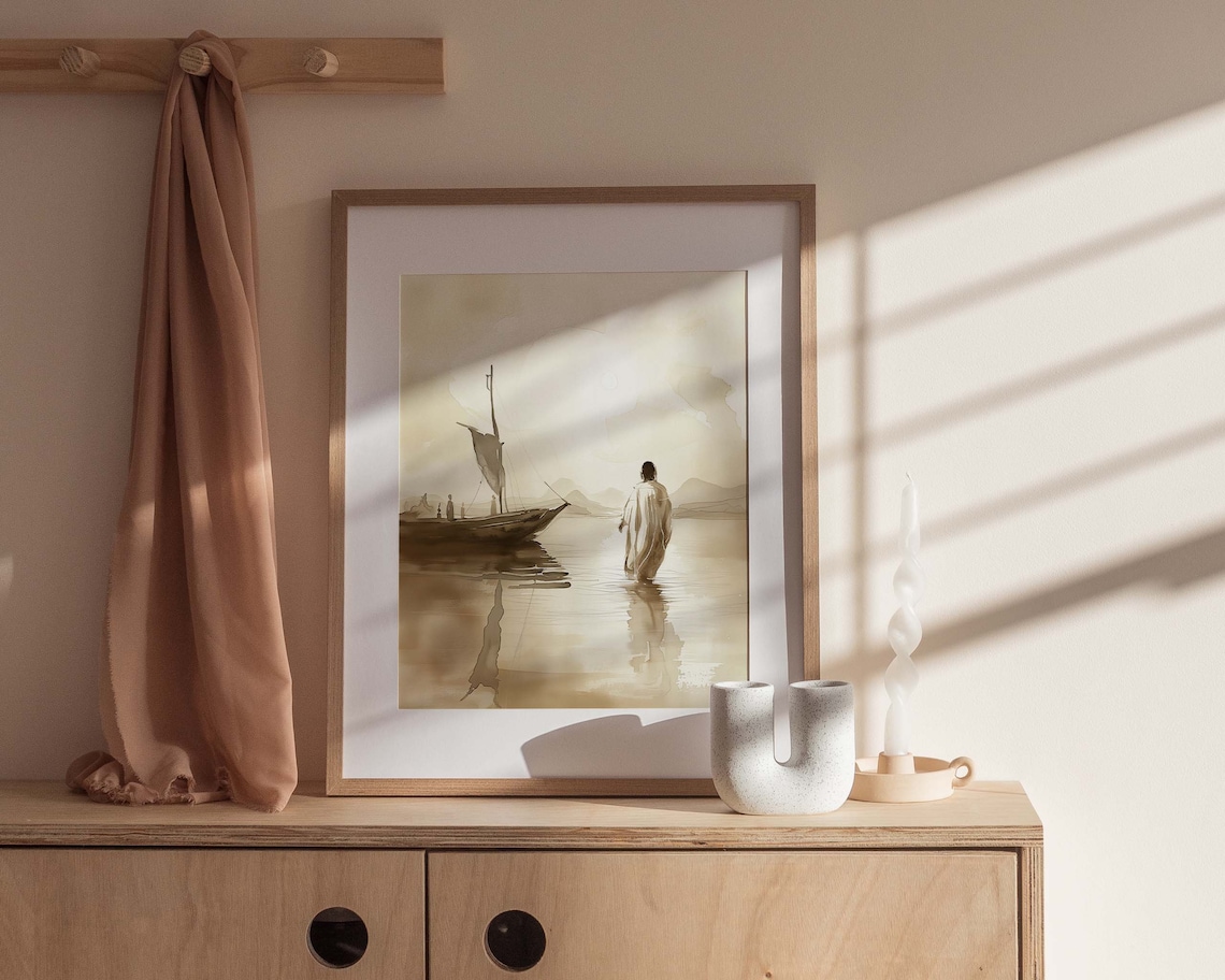 Jesus Walking on Water Sepia Sailboat Watercolor Bible Scene Poster - Image 2