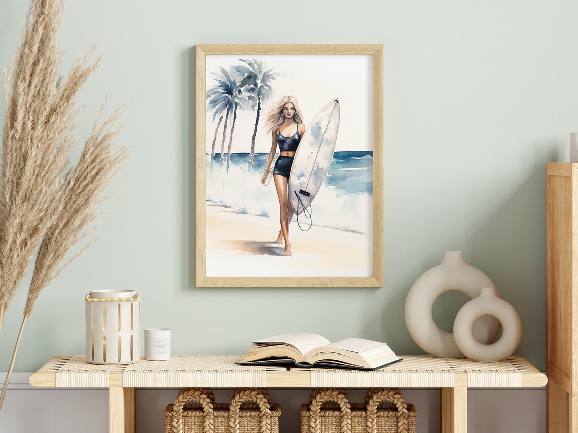 Surfer Woman Watercolor Tropical Beach Palm Trees Art Poster - Image 2