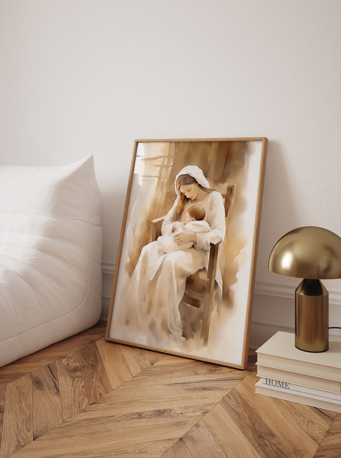 Mary Holding Baby Jesus Seated Chair Warm Beige Watercolor Poster - Image 2
