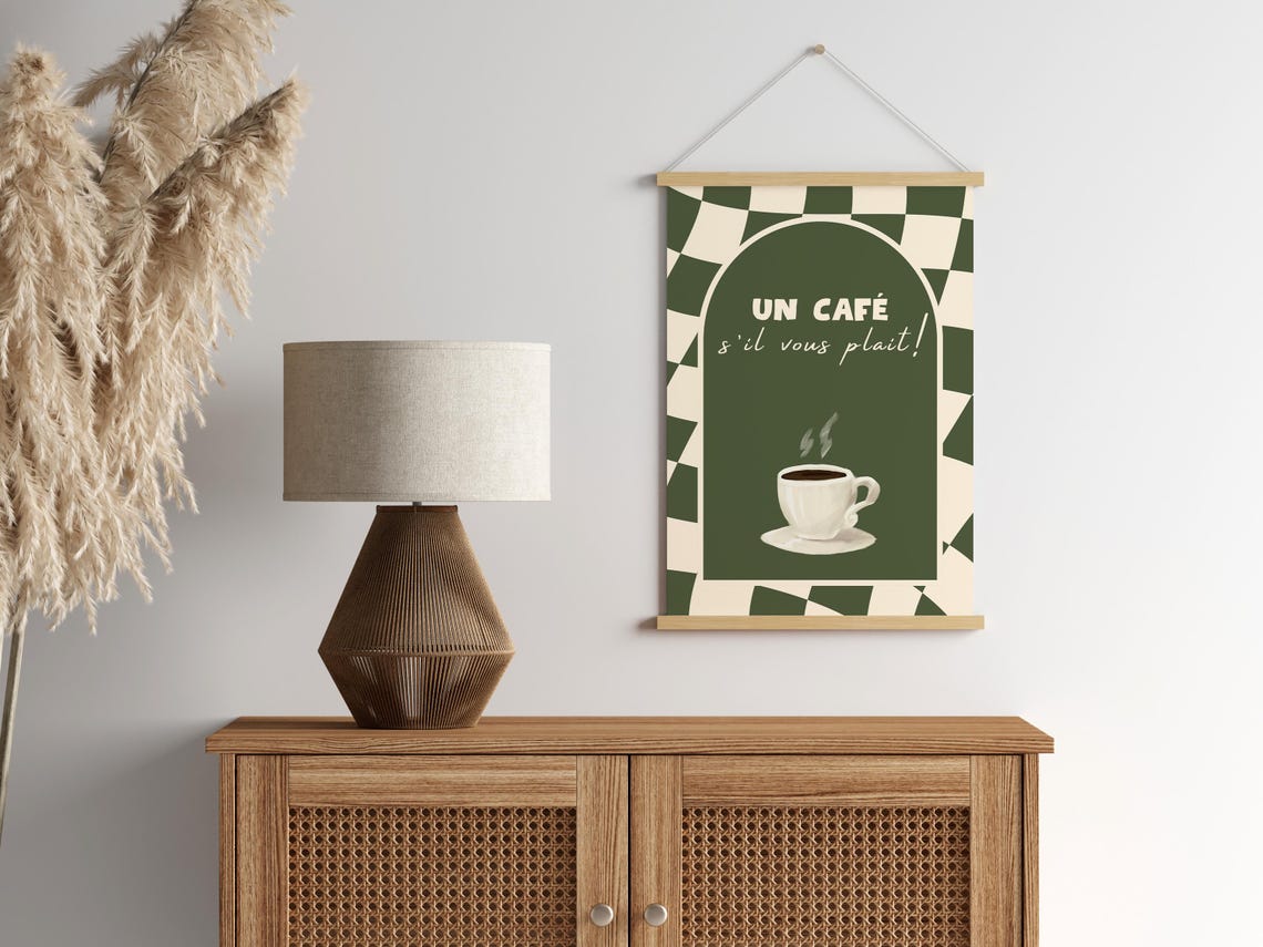 Un Cafe Sil Vous Plait French Coffee Green Retro Kitchen Art Poster