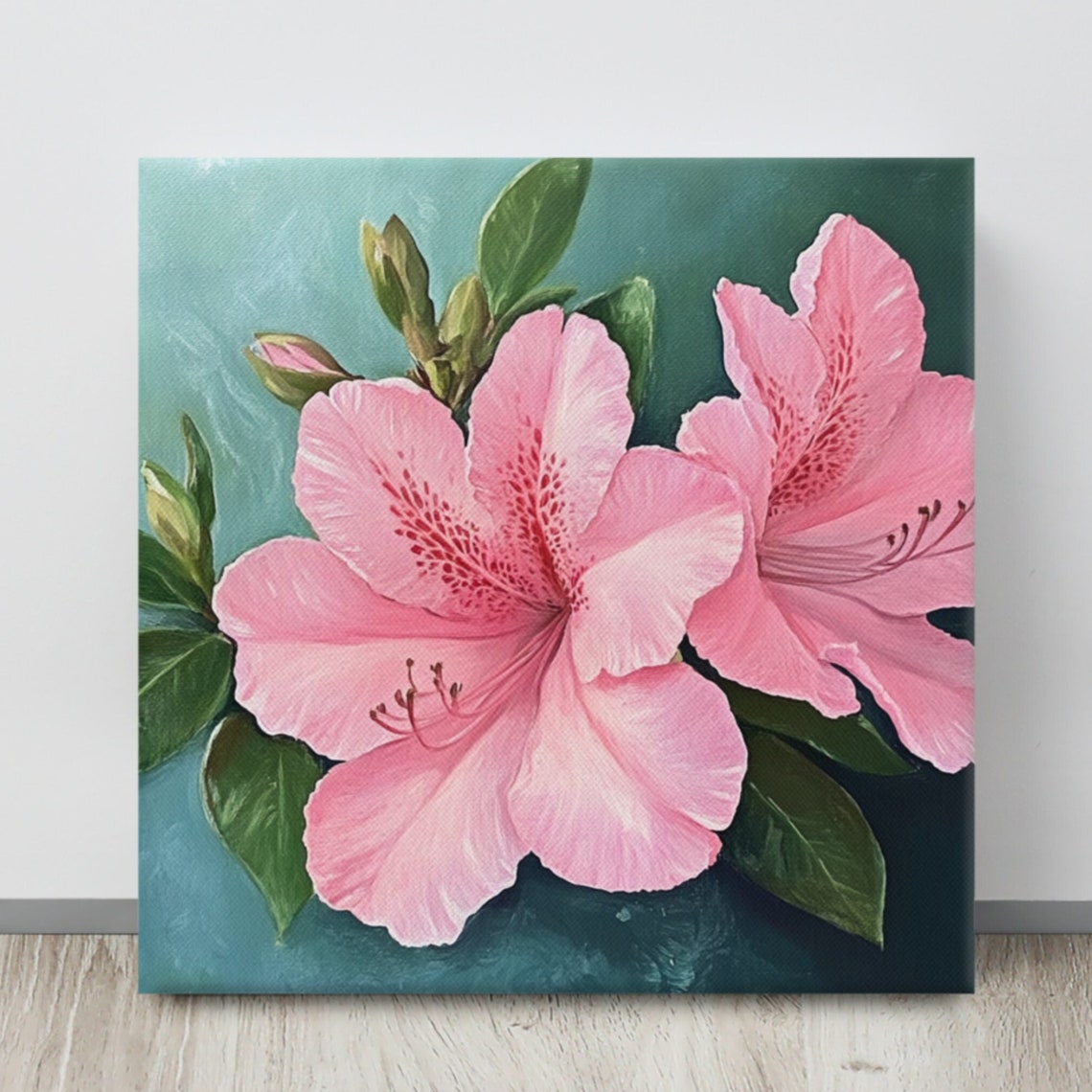 Pink Azalea Blossoms Green Leaves Teal Background Print Poster