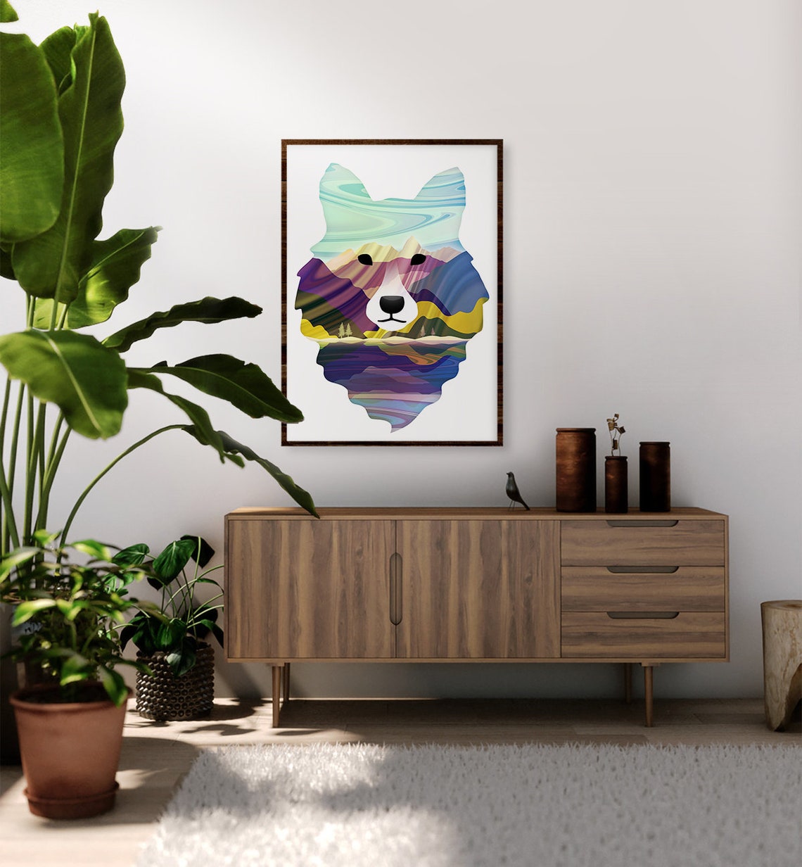Wolf Head Double Exposure Colorful Mountain Landscape Art Poster - Image 2