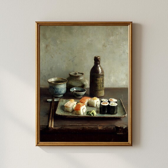 Sushi Still Life Oil Painting Japanese Cuisine Vintage Kitchen Decor Poster