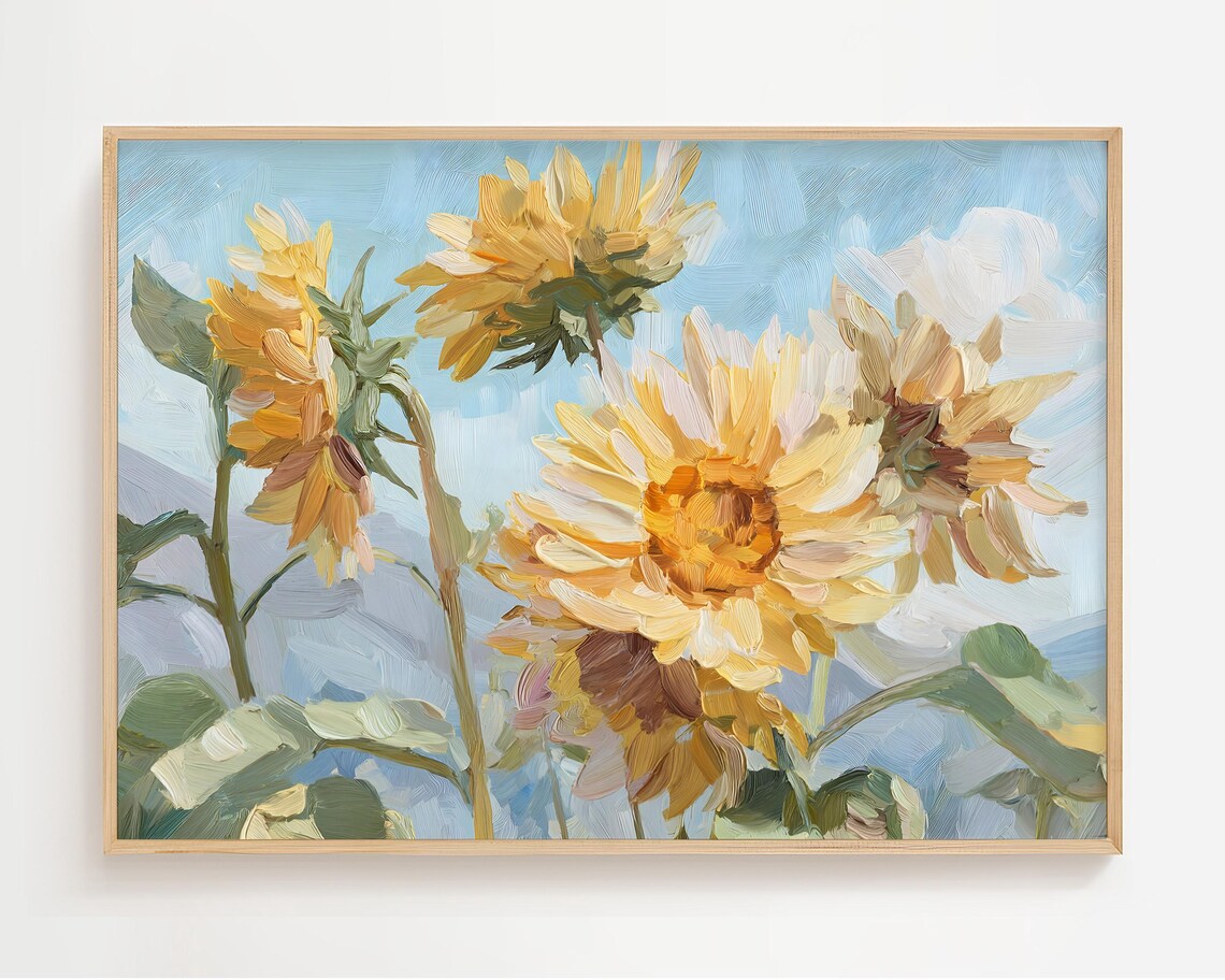 Sunflower Art Print, Rustic Floral Oil Painting