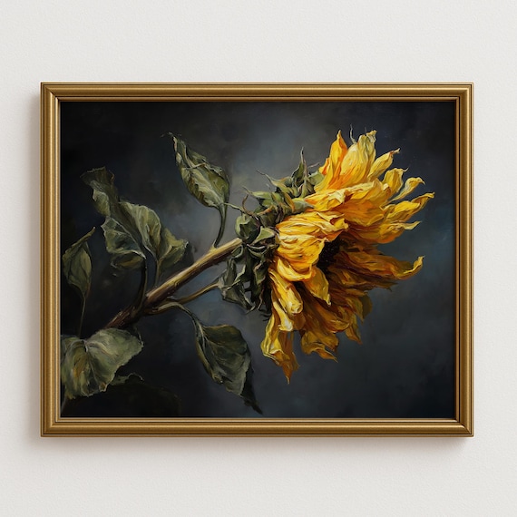 Moody Sunflower Wall Art Dark Botanical Oil Painting Vintage Floral Fine Print Rustic Nature Artwork Classical Still Life