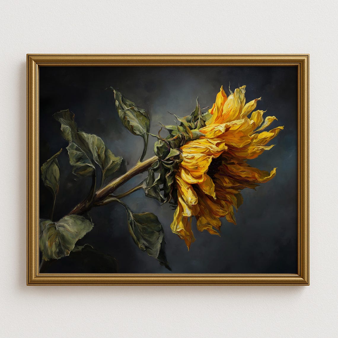 Drooping Sunflower Dark Botanical Vintage Oil Painting Poster