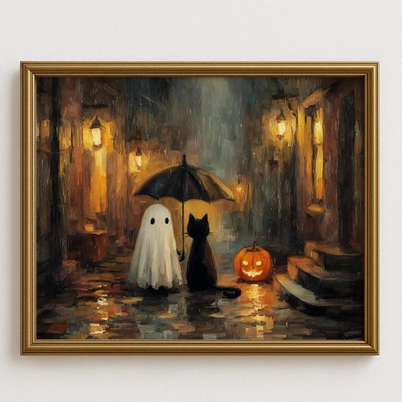 And Black Cat In Rain Cozy Halloween Wall Art Moody Night With Pumpkin No86