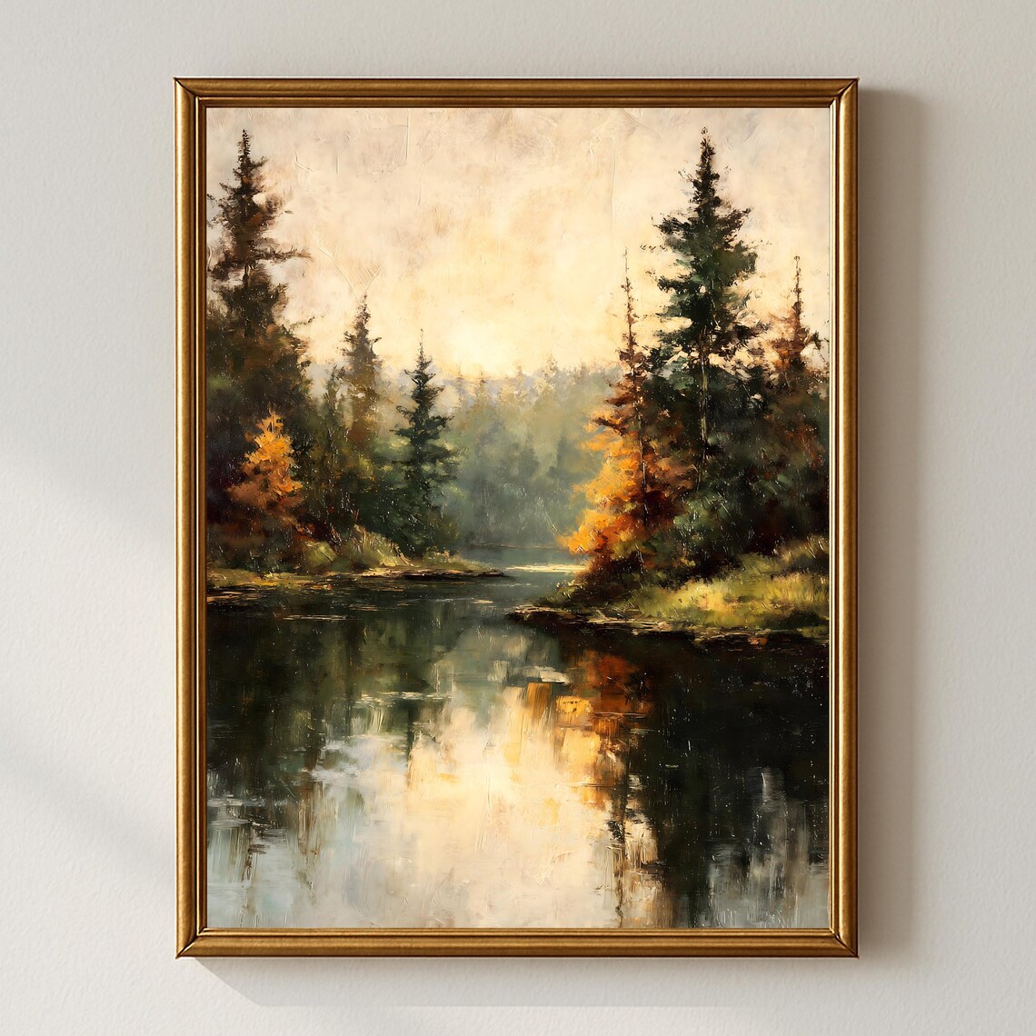 Rustic Autumn Landscape Wall Art River With Reflections Of Trees Cozy Farmhouse Fall Decor