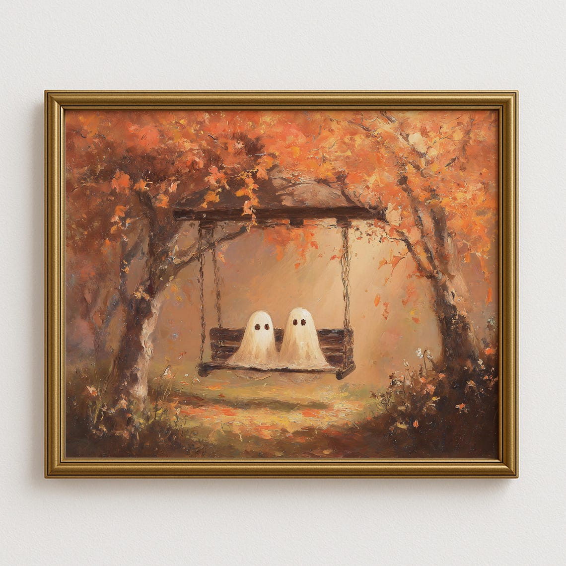 Cute Twin Ghosts Sitting On A Swing In Glowing Autumn Woods Poster