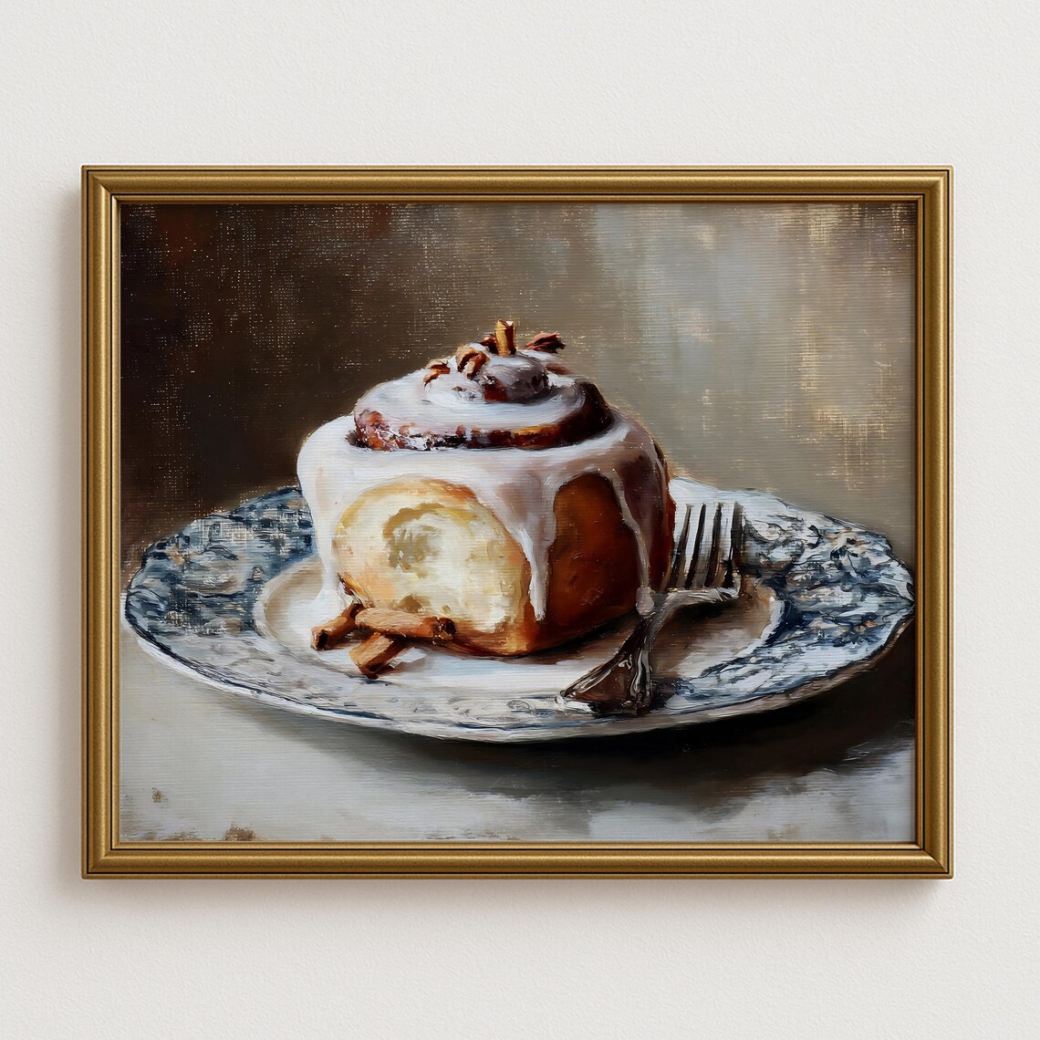 Gooey Cinnamon Roll Icing Blue Plate Vintage Bakery Oil Painting Art Poster