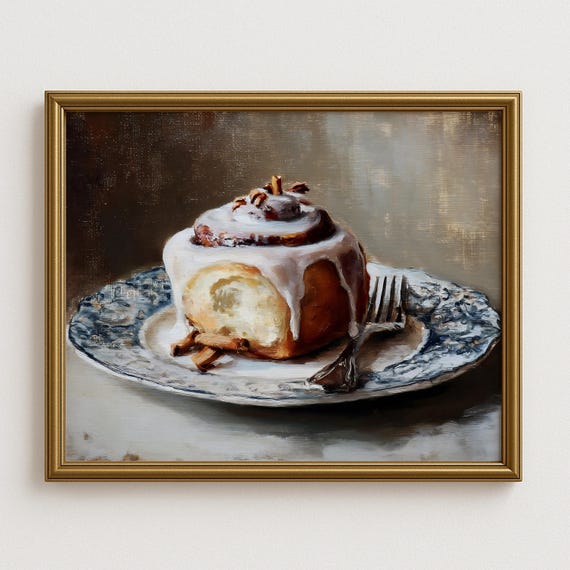 Cozy Cinnamon Roll Wall Art Print Rustic Bakery Kitchen Dcor With Icing And Sticks Warm Coffee Shop Food Painting