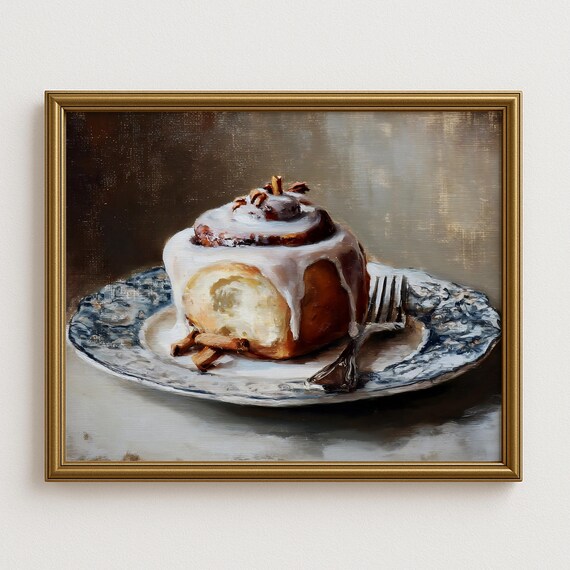 Gooey Cinnamon Roll Icing Blue Plate Vintage Bakery Oil Painting Art Poster