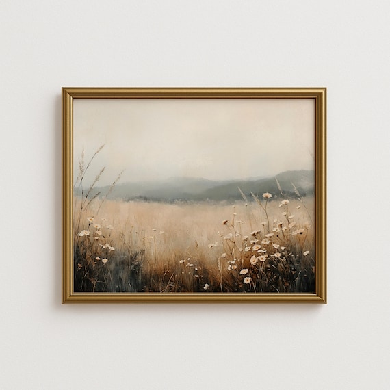 Rustic Countryside Wall Art Misty Meadow With Wildflowers And Hills Cozy Autumn Farmhouse Decor