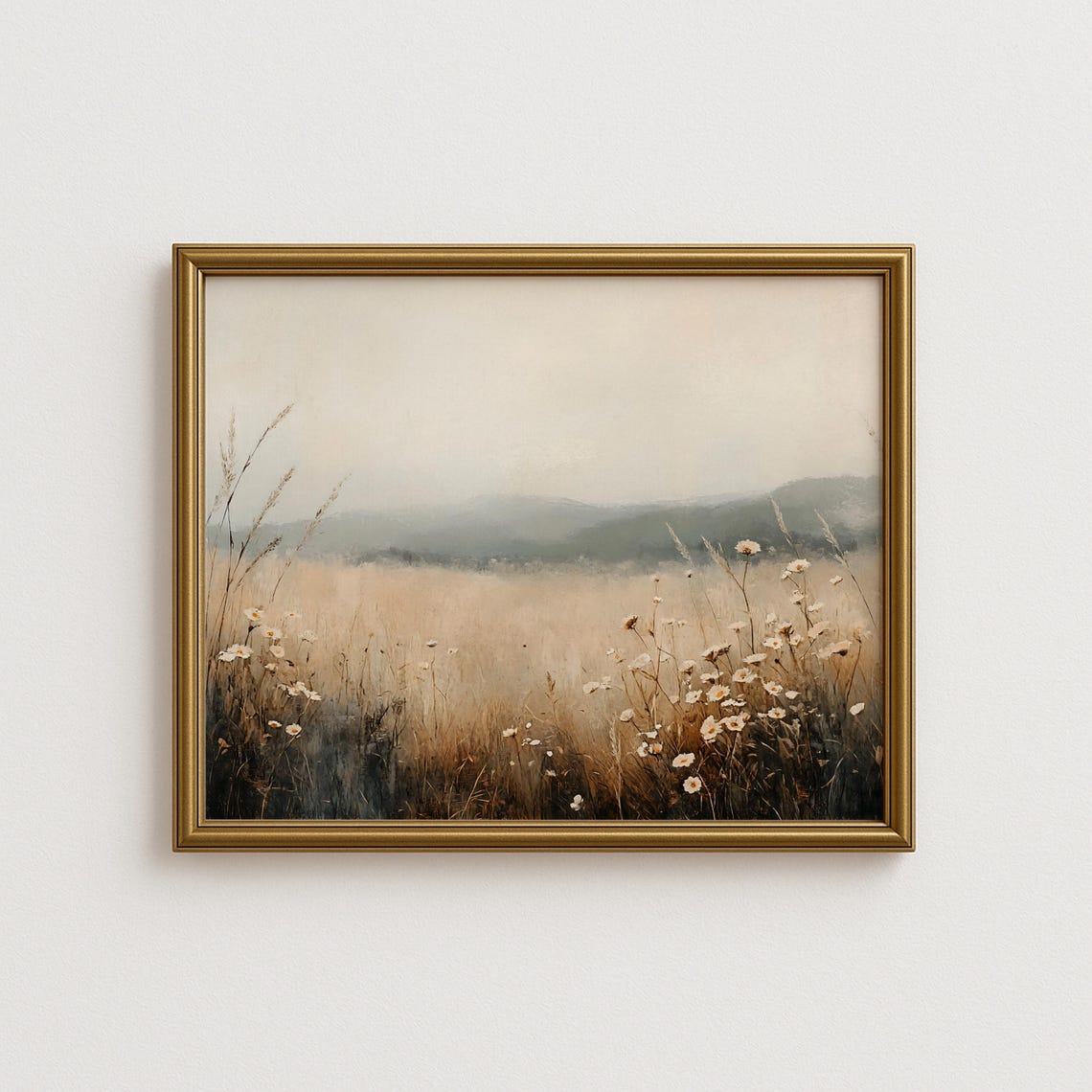 Misty Meadow With Wild Daisies Golden Grass Soft Landscape Poster