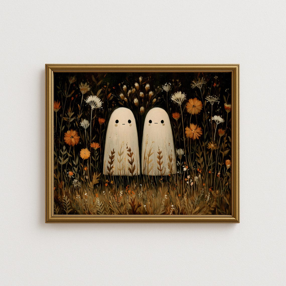 Couple Wall Art Autumn Floral Halloween Cute Ghosts In Wildflowers Cozy Fall Decor