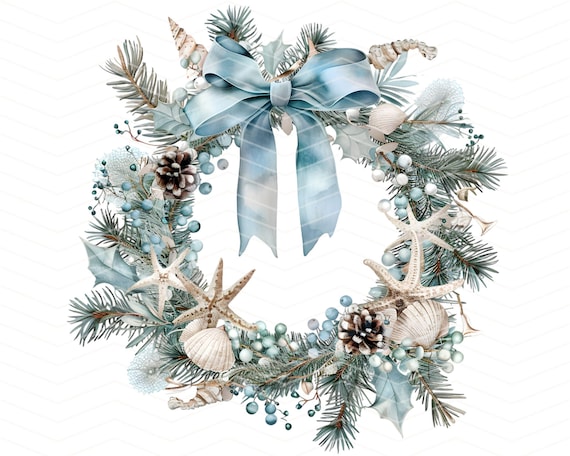 Coastal Christmas Wreath Holiday Decor Art Print