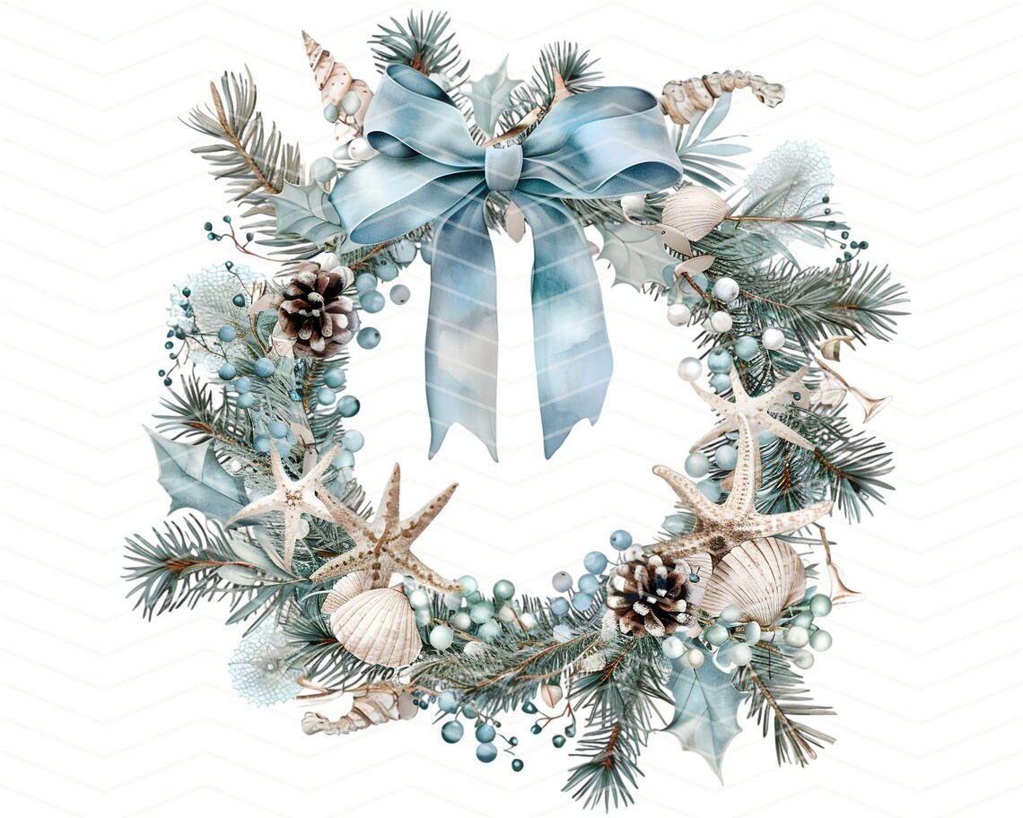 Coastal Christmas Wreath Holiday Decor Art Print