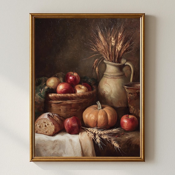 Rustic Autumn Harvest Still Life Wall Art Apples Pumpkin Wheat Bread Painting Farmhouse Kitchen Fall Decor Vintage Style Print