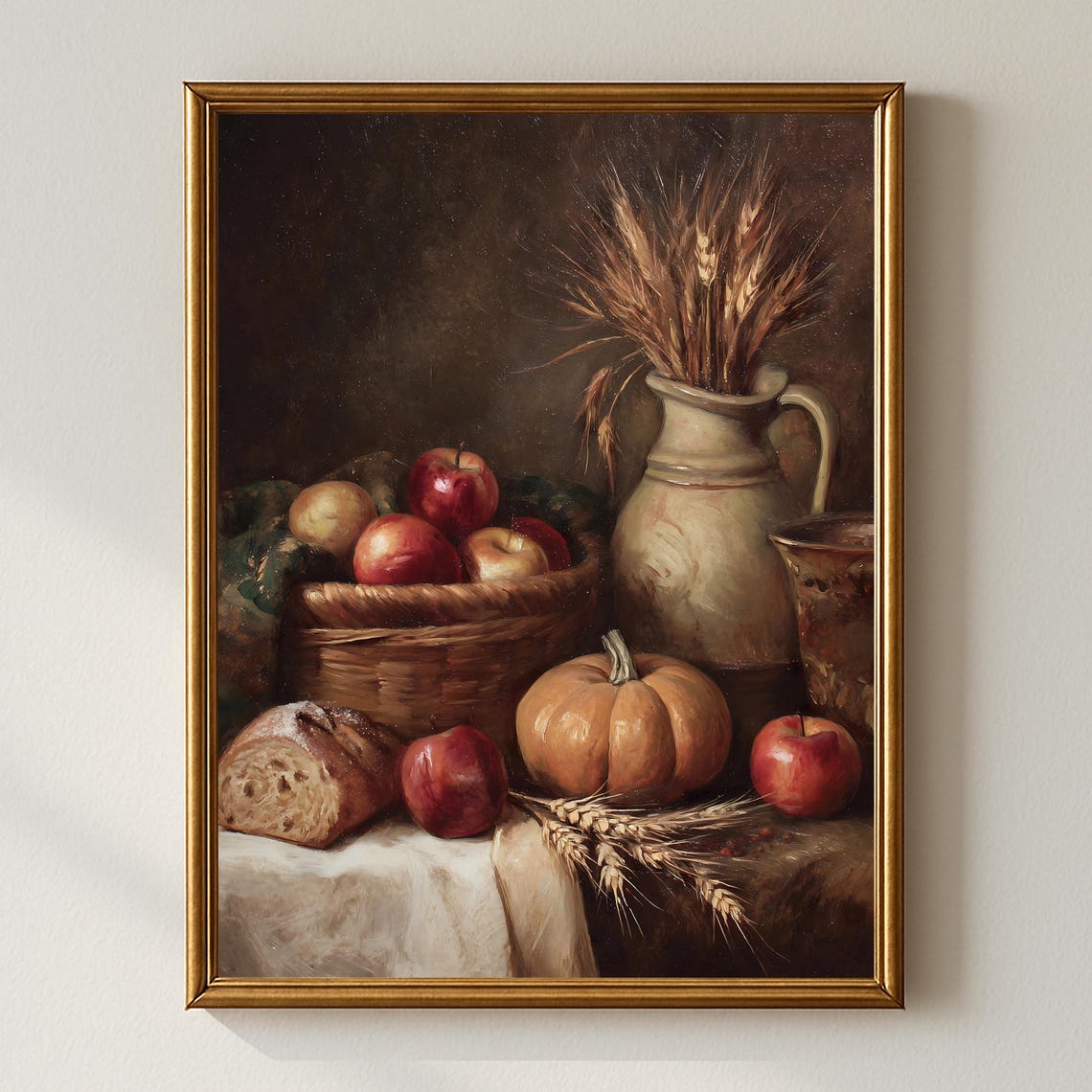 Harvest Still Life Bread Pumpkin Wheat Rustic Kitchen Wall Art