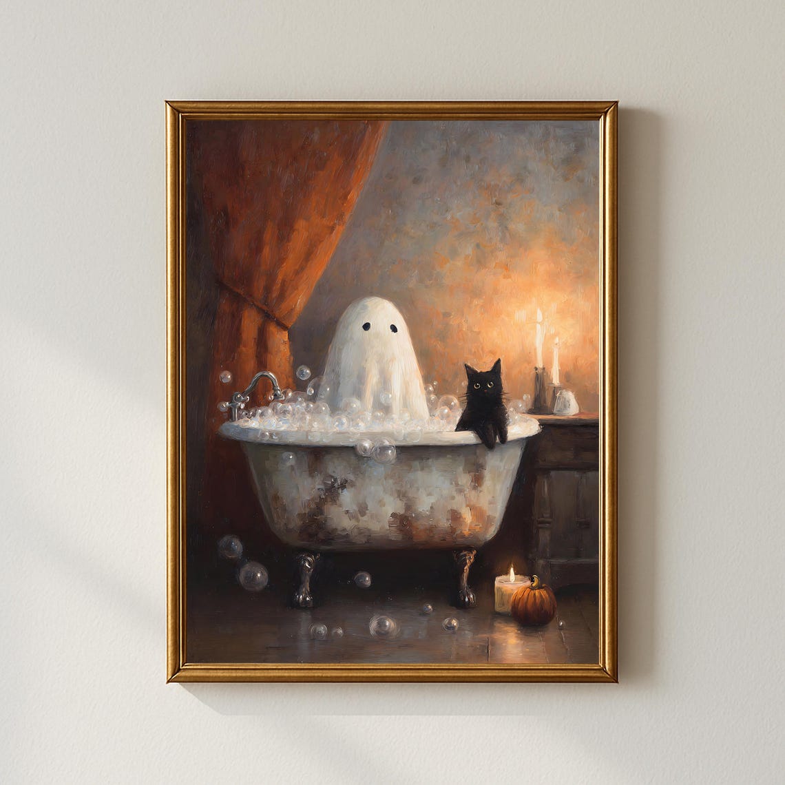 Ghost Black Cat Bubble Bath Halloween Oil Painting Spooky Cute Poster