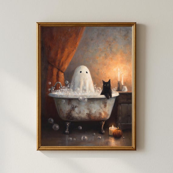 And Black Cat Bubble Bath Wall Art Cozy Halloween Bathroom Print Vintage Oil Painting Style Spooky Cute Autumn Decor