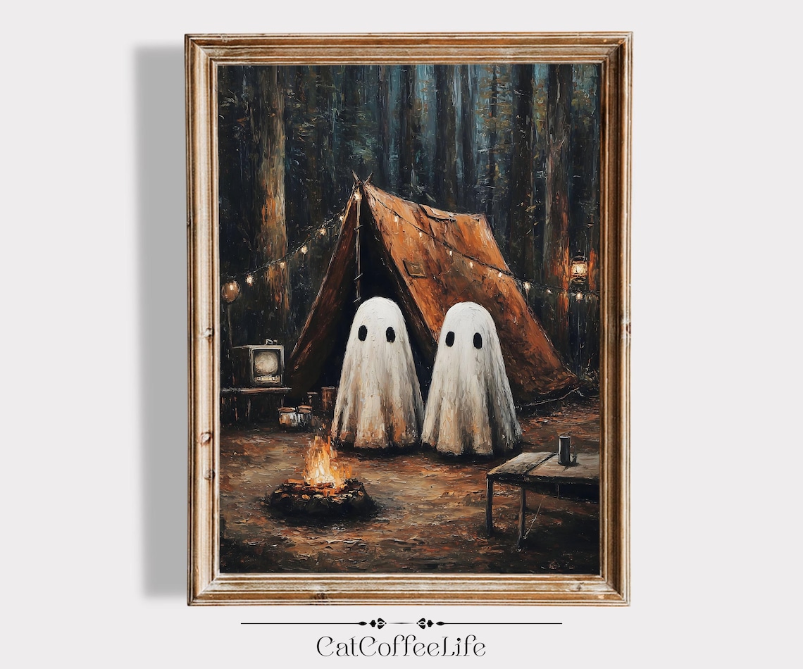 Camping Halloween Cozy Tent Scene, Rustic Fall Art Print