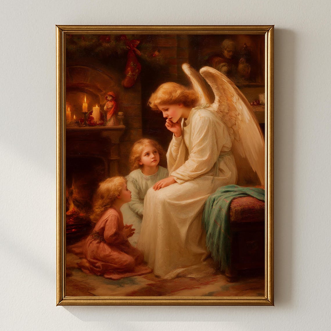 Victorian Christmas Angel Two Children Fireplace Vintage Wall Art