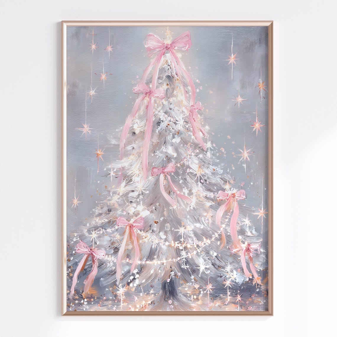 Pink And White Christmas Tree With Bows Sparkling Holiday Poster