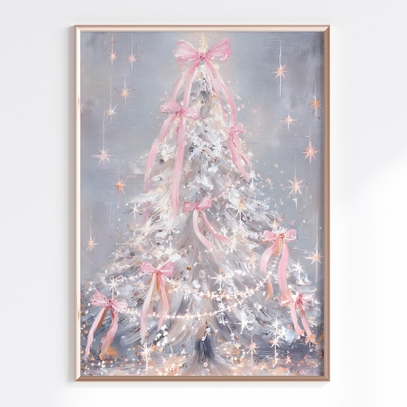 Pink And White Christmas Tree With Bows Sparkling Holiday Poster